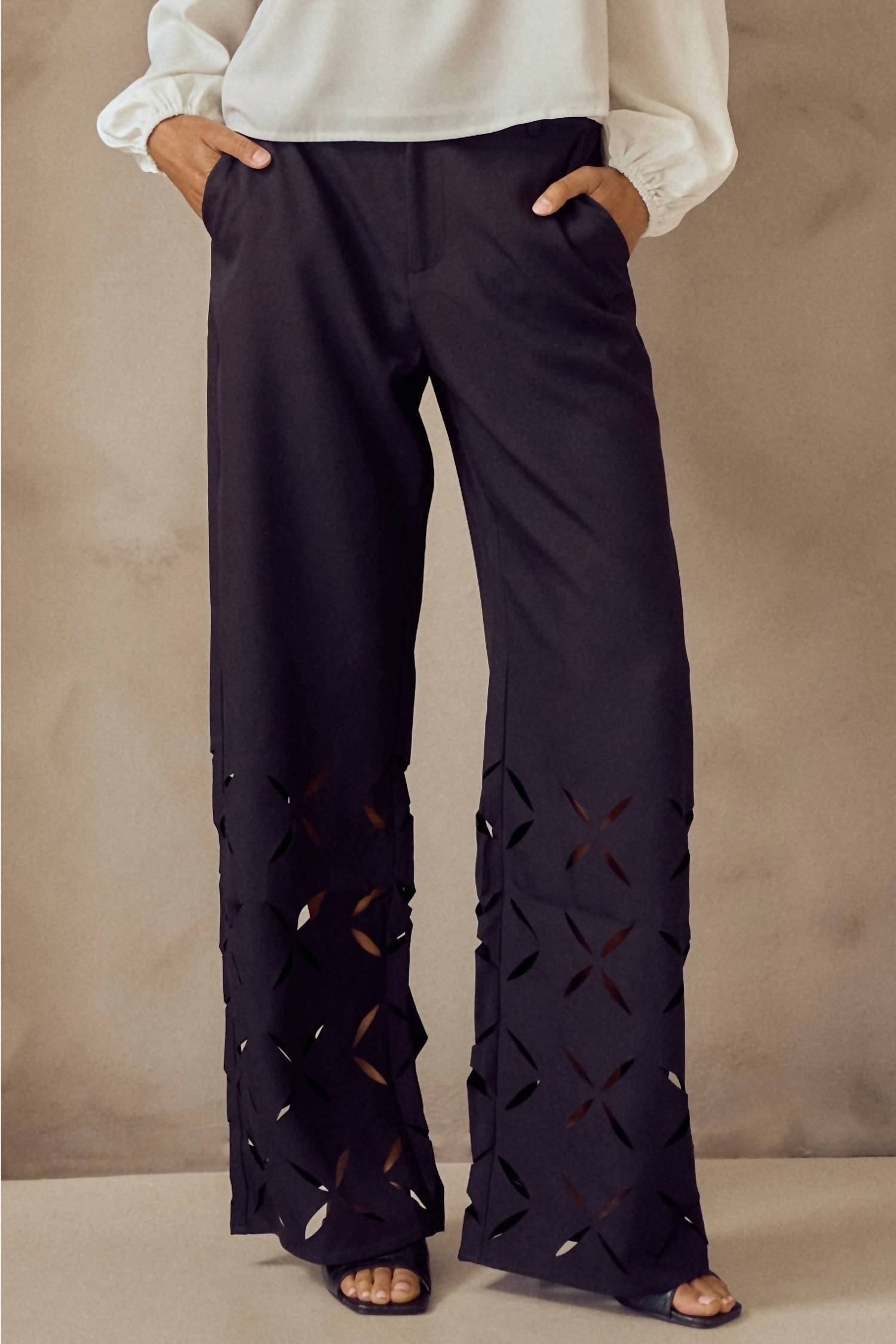 lalavon Laser Cut Wide Leg Pants in black - women's pants