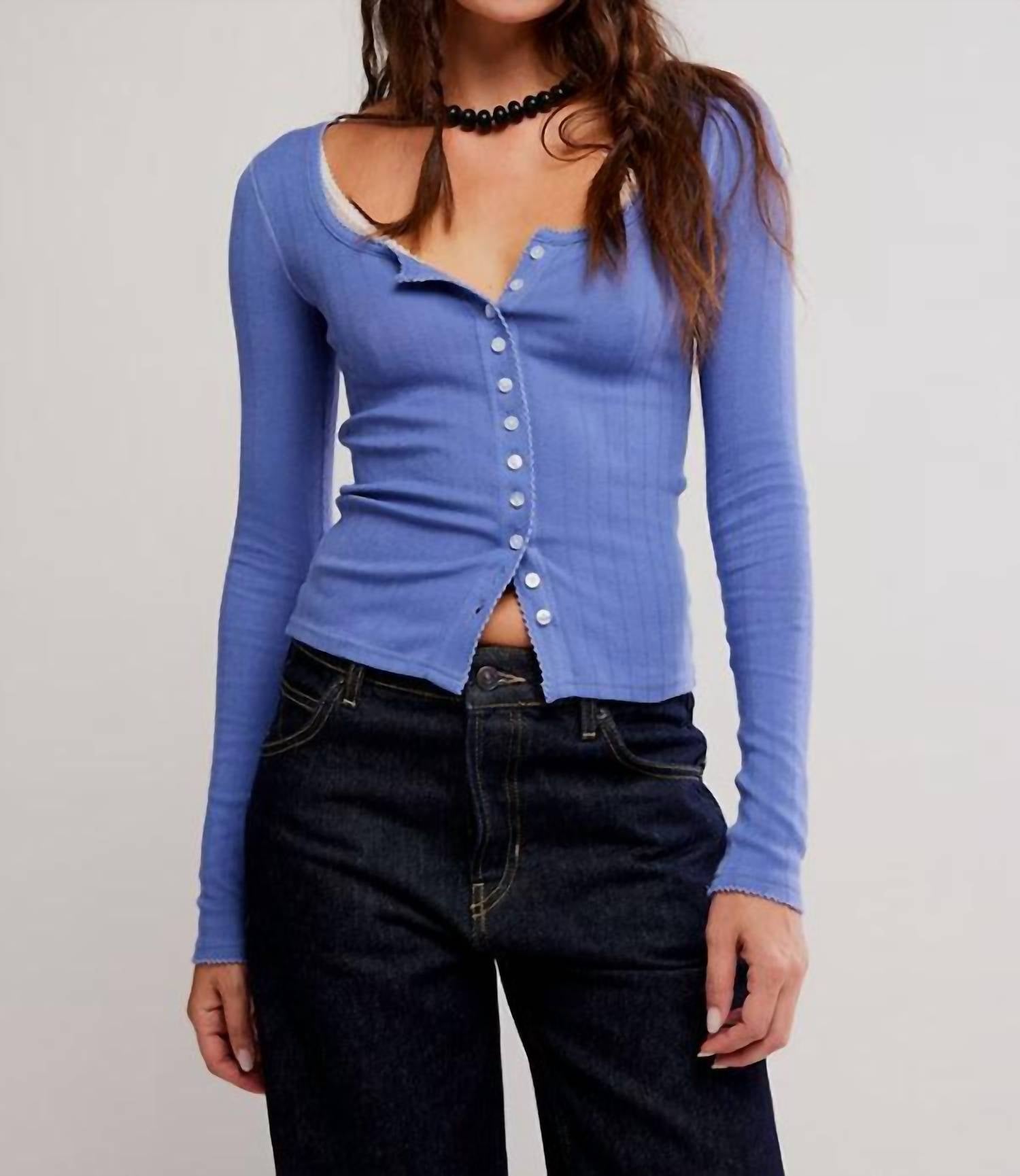 Free People End Game Pointelle Long Sleeve Top in periwinkle - women's long sleeve top