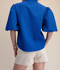 Glam - Puff Sleeve Ruffled Neck Textured Fabric Top