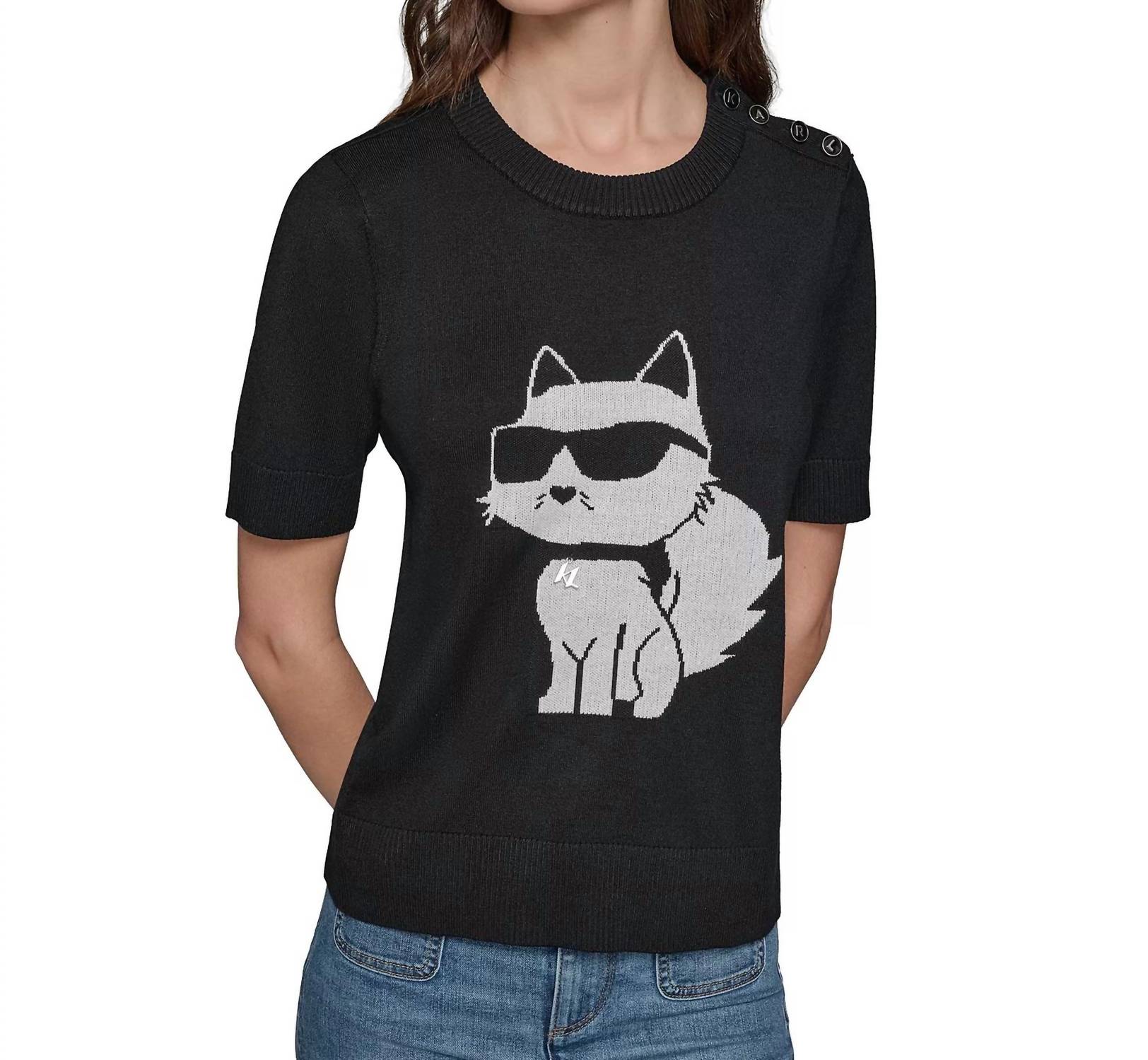 KARL LAGERFELD Choupette Button-shoulder Top in black - women's t-shirt