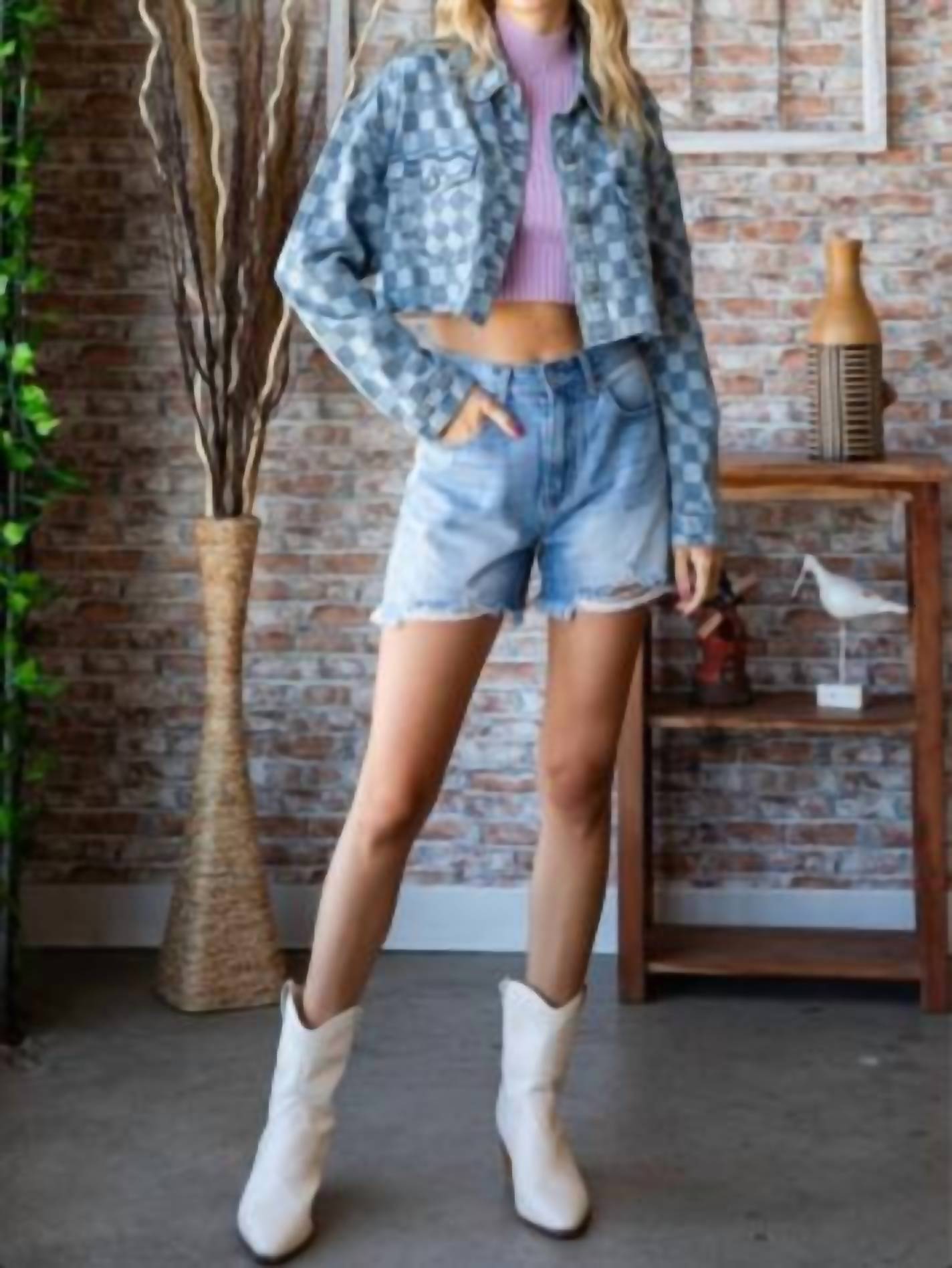 Veveret - Denim Check Print Crop Shirt Jacket