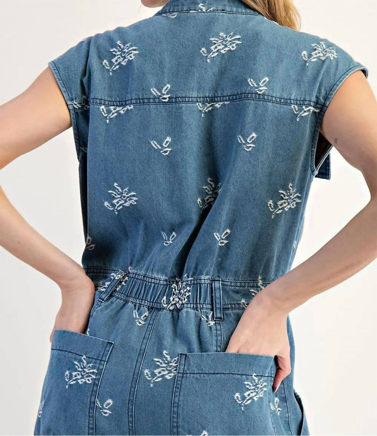 Ee:Some - Floral Embroidered Denim Cap Sleeve Jumpsuit