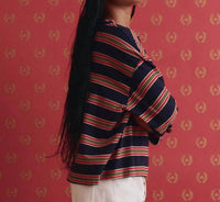THE GREAT. The Field Tee in scout stripe - women's long sleeve top - detail view