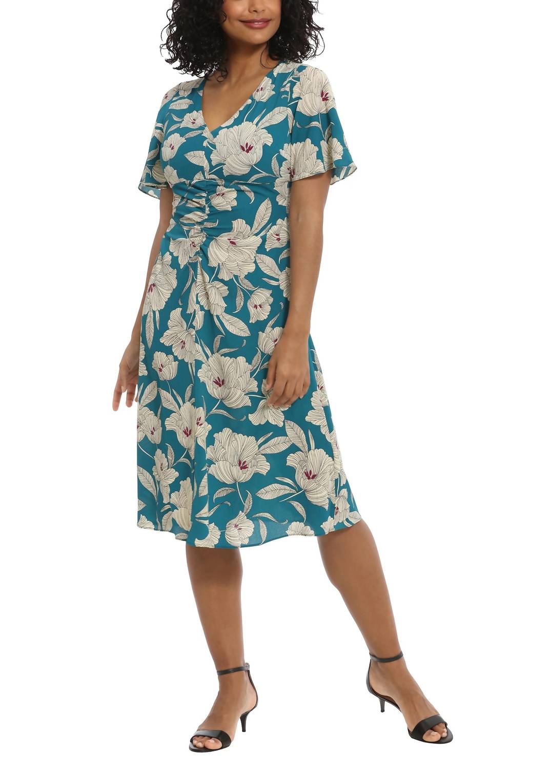 London Times - Flutter Sleeves Ruched Bodice Floral Bubble Dress
