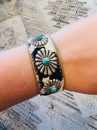 Boho Ranch Women's Cowhide Hair-on Concho Cuff Bracelet in black white - women's jewelry - alternate view