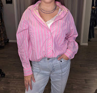 TRIBAL Poplin Double Stripe Roll Up Sleeve Top in pink - women's blouse