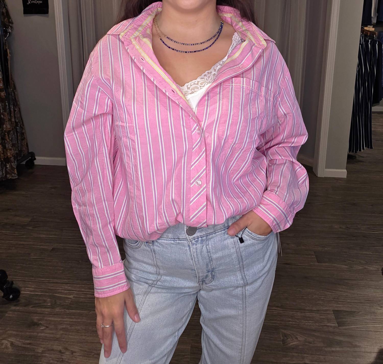 TRIBAL Poplin Double Stripe Roll Up Sleeve Top in pink - women's blouse