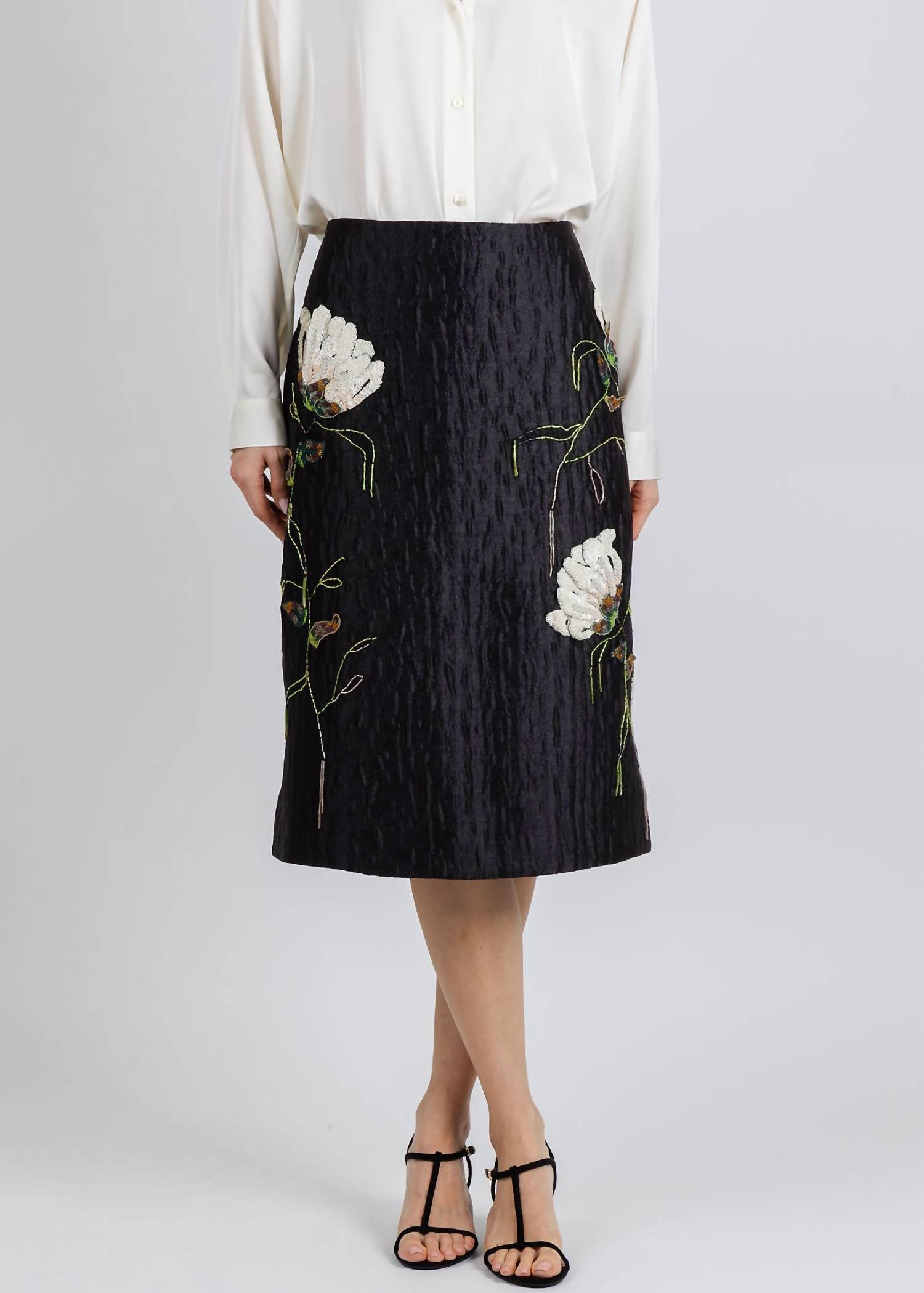 SIMKHAI Arla Floral Jacquard Midi Skirt in black - women's skirt - detail view