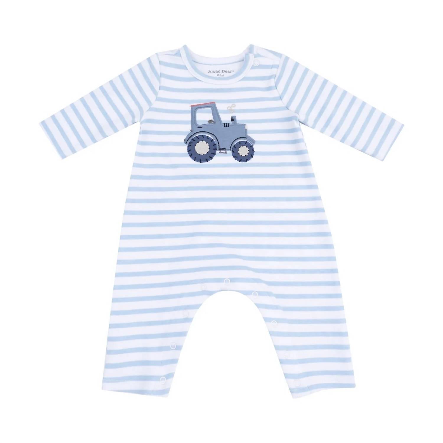 ANGEL DEAR Boys Mini Tractor Snap Shoulder Romper in blue - kids' item - detail view