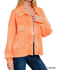 Zenana - Acid Wash Fleece Cropped Shacket With Front Pockets