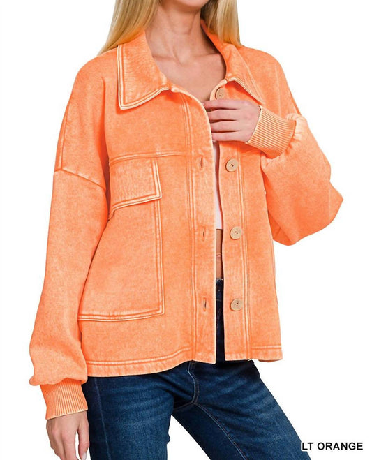 Zenana - Acid Wash Fleece Cropped Shacket With Front Pockets