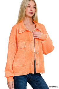Zenana - Acid Wash Fleece Cropped Shacket With Front Pockets