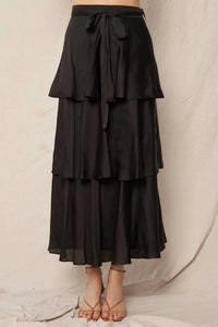 En Creme - Belted Satin Tiered Midi Skirt
