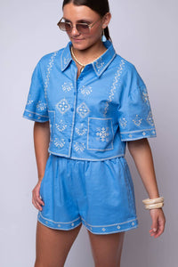 Mable - Embroidered Short Sleeve Button Down Crop Shirt And Short Set