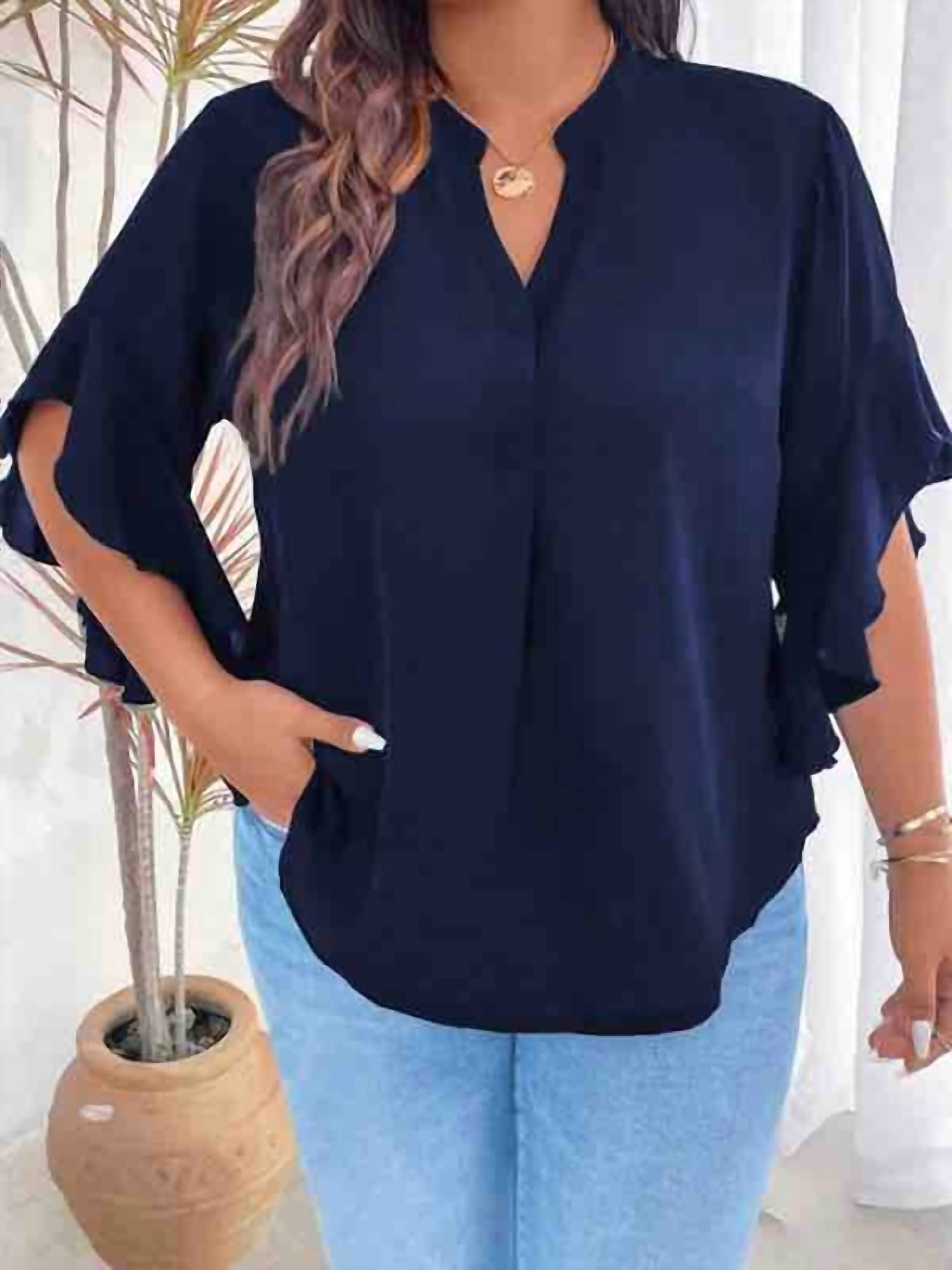 Supreme Fashion - V Neck Ruffle Sleeve Blouse - Plus