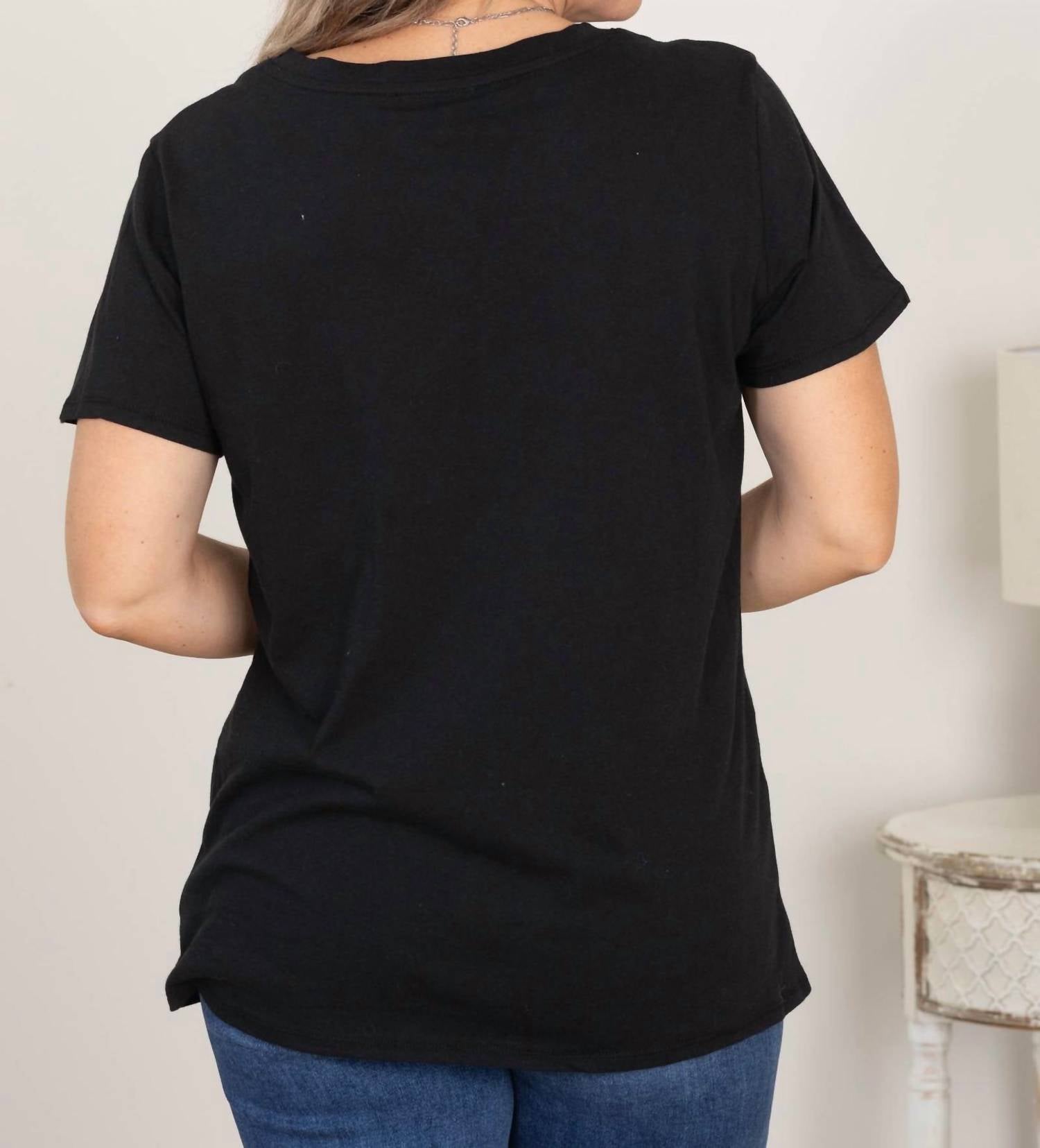 ZENANA Cotton Short Sleeve Boyfriend V-neck Tee in black - women's t-shirt - detail view