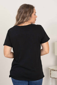 ZENANA Cotton Short Sleeve Boyfriend V-neck Tee in black - women's t-shirt - alternate view