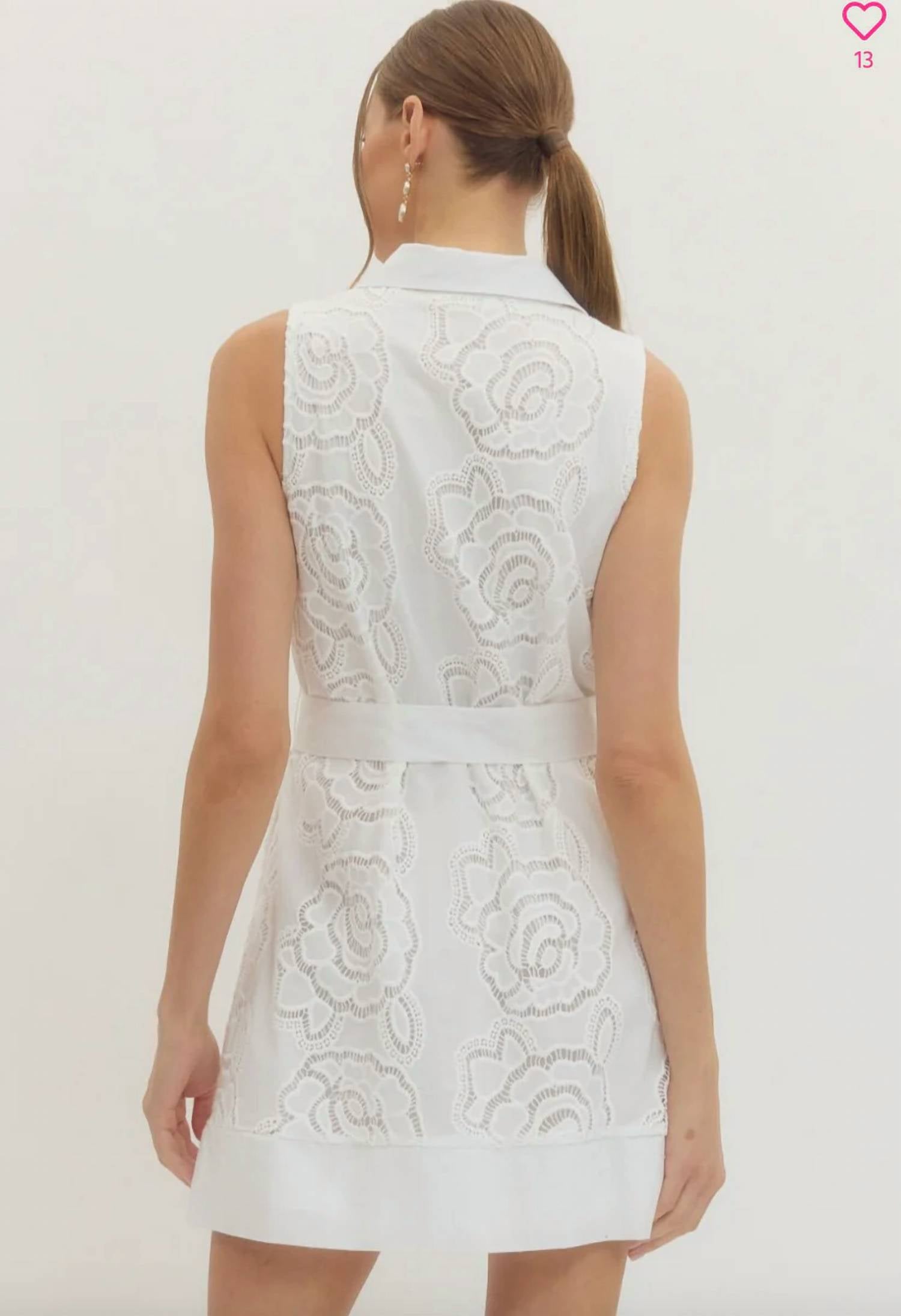 entro Floral Lace Overlay And Self Tie Belt Mini Dress in white - women's dress - detail view