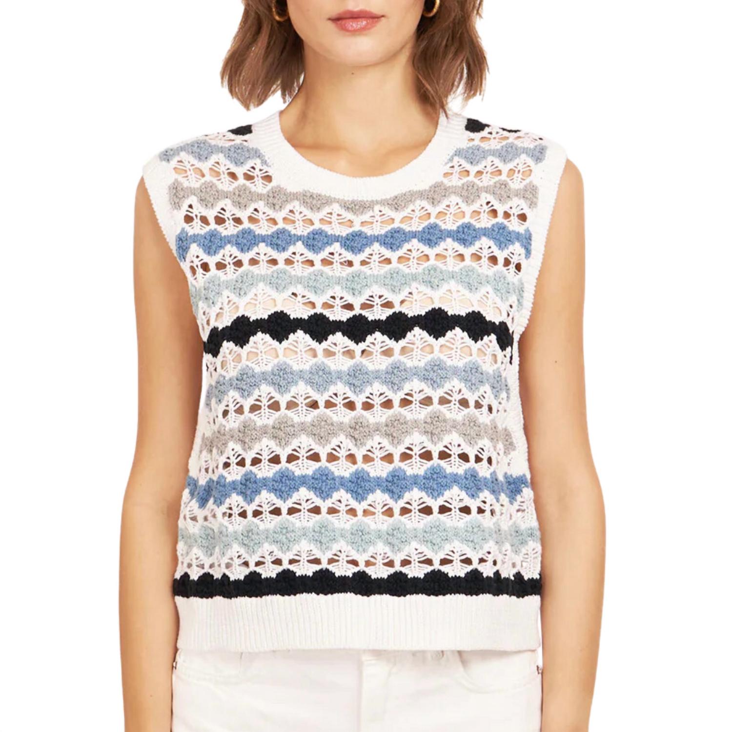 Autumn Cashmere Multi Pointelle Cropped Tabard Vest in blue white - women's sweater