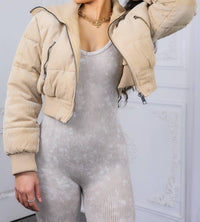 Surelymine - Keep Up With Me Crop Corduroy Full Zipper Puffer Jacket