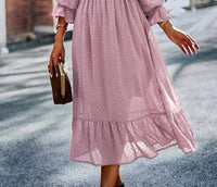 Miss Sparkling - Smocked Long Sleeve Dot Midi Dress