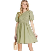 SHE + SKY Puff Sleeve Smock Dress in light olive - women's dress - alternate view