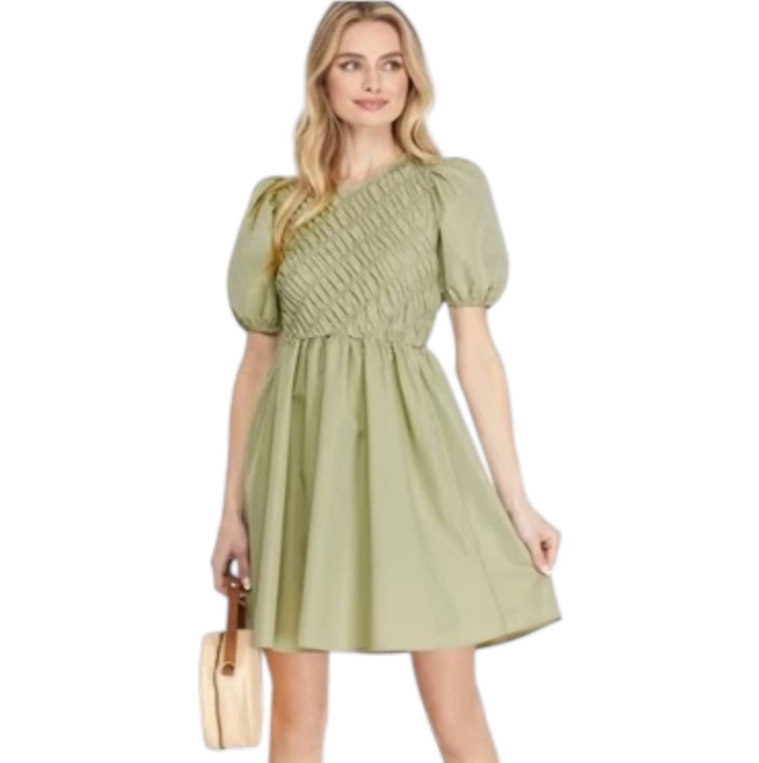 SHE + SKY Puff Sleeve Smock Dress in light olive - women's dress - alternate view