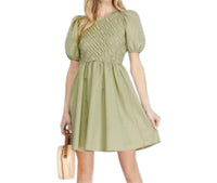 SHE + SKY Puff Sleeve Smock Dress in light olive - women's dress - detail view