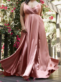 Ladivine Long Satin V-neck Dress in dusty rose - women's dress - detail view