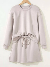 Lovesoft - Women's Solid Color Drop Shoulder Pullover Drawstring Mini Skirt 2-Piece Set