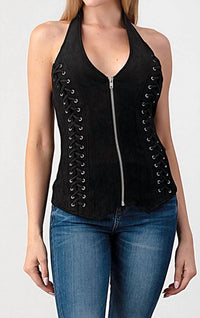Lydia - Ozark Zipped Up Faux Suede Halter Top