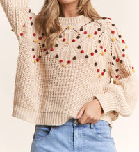 J.Nna - Eyelet Cable Knit Pompom Knit Sweater Top