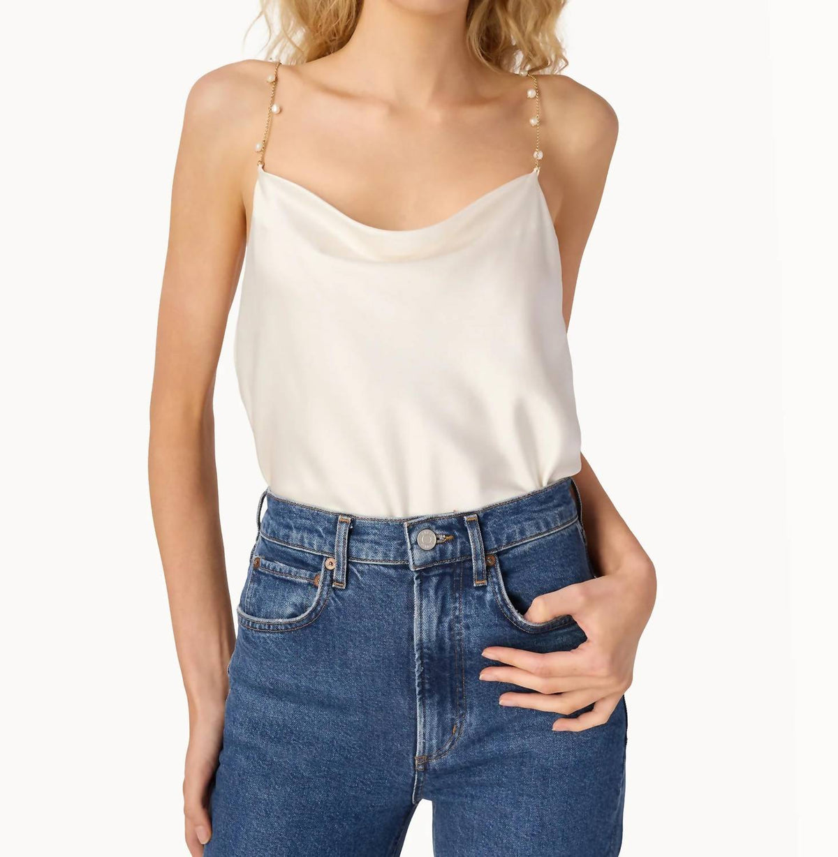 B.Right - Women's Pearl Chain Strap Satin Cowl Neck Cami Top
