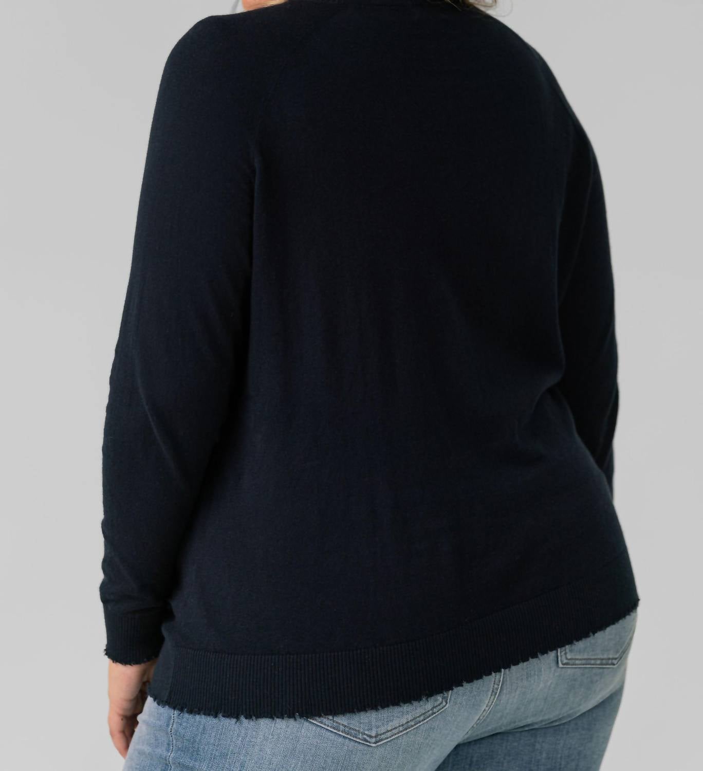 Minnie Rose - Distressed Long Sleeve V-neck Sweater - Plus Size