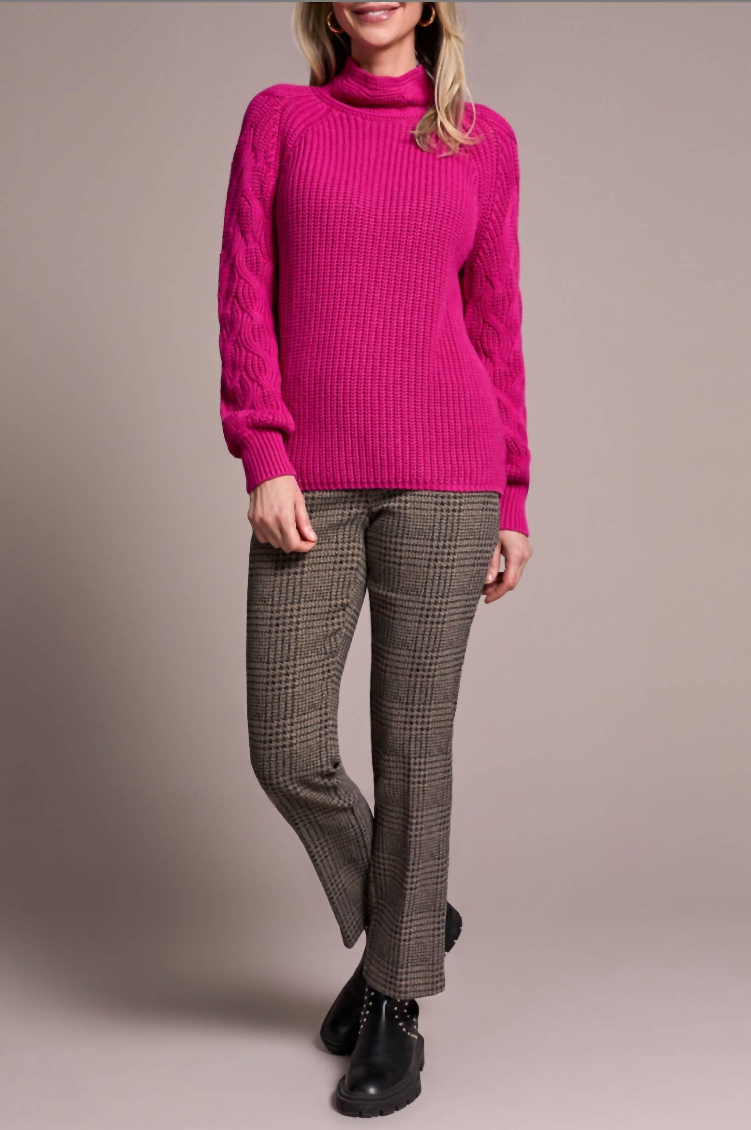 TRIBAL Long Sleeve Cable Mock Neck Sweater in pink flambe - women's sweater