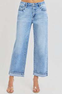 RISEN High Rise Ankle Boyfriend Cuffed Jeans in light wash - women's jeans - detail view
