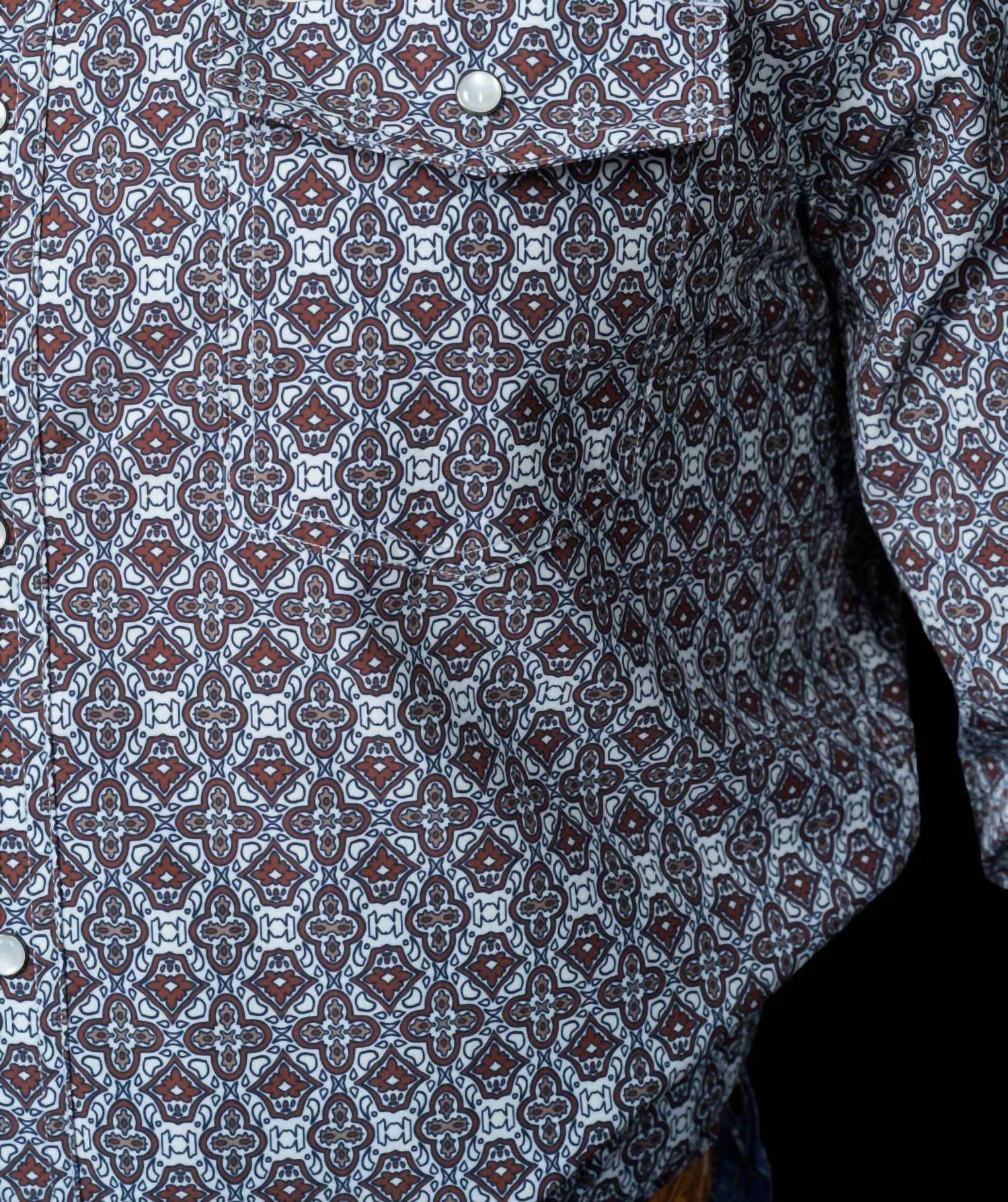 Ferrell The Connor Long Sleeve Snap Shirt in brown - men's long sleeve top - detail view
