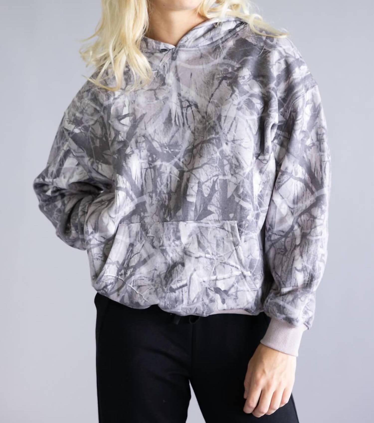 Pretty Garbage RYKER CAMO HOODIE in dark grey - women's top - alternate view
