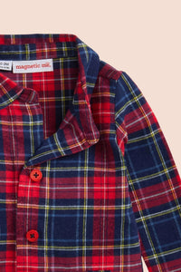 magnetic me Boy's Holiday Plaid Flannel Patch Pocket Romper in red - kids' item - detail view