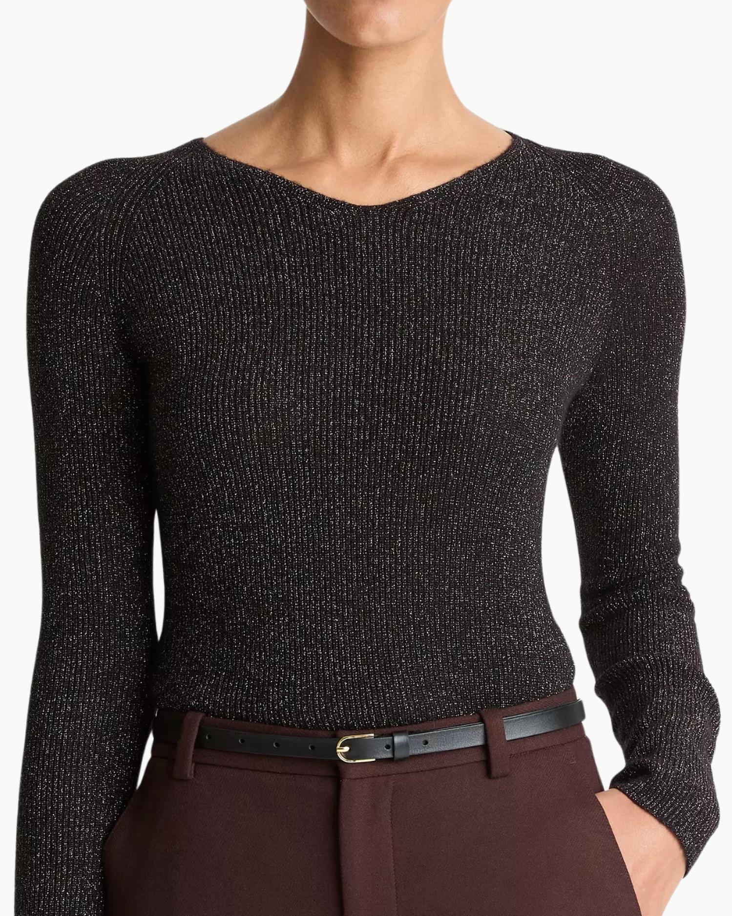 Vince - Metallic Ribbed High V-neck Sweater