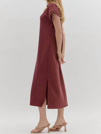 Entro - Solid Split Collar Midi Dress