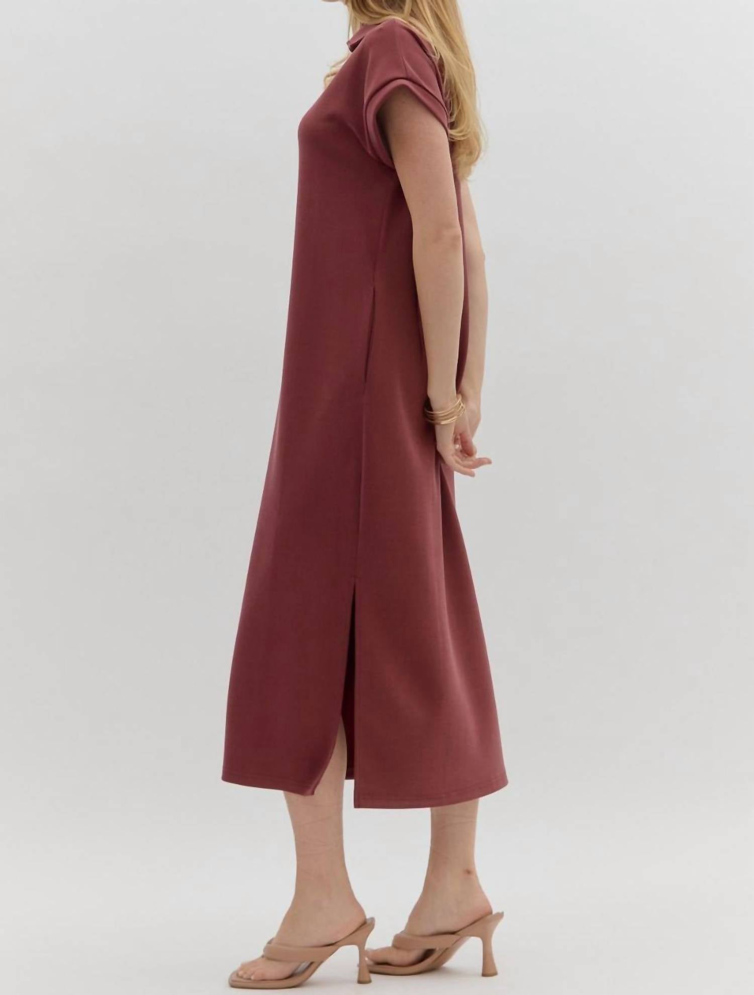 Entro - Solid Split Collar Midi Dress