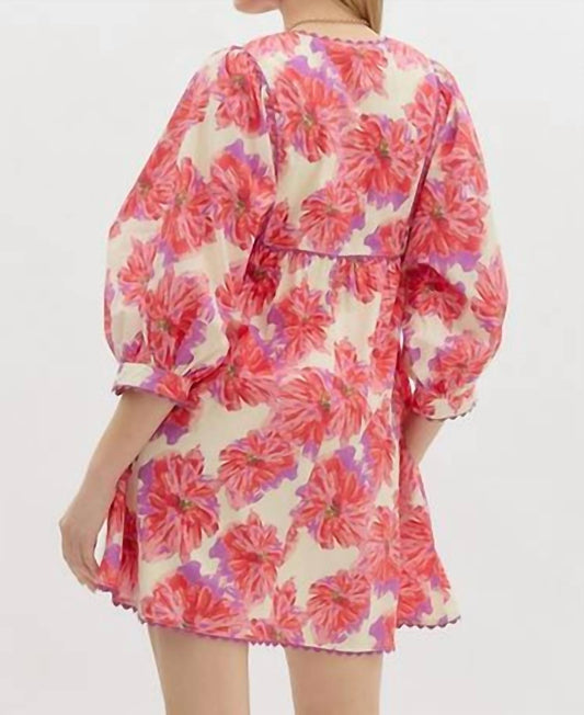 Entro - Floral 3/4 Sleeve Babydoll Mini Dress