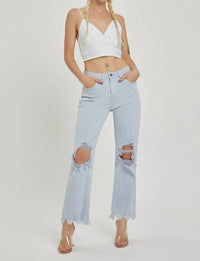RISEN High Rise Knee Distressed Straight Pants in ice blue - women's jeans