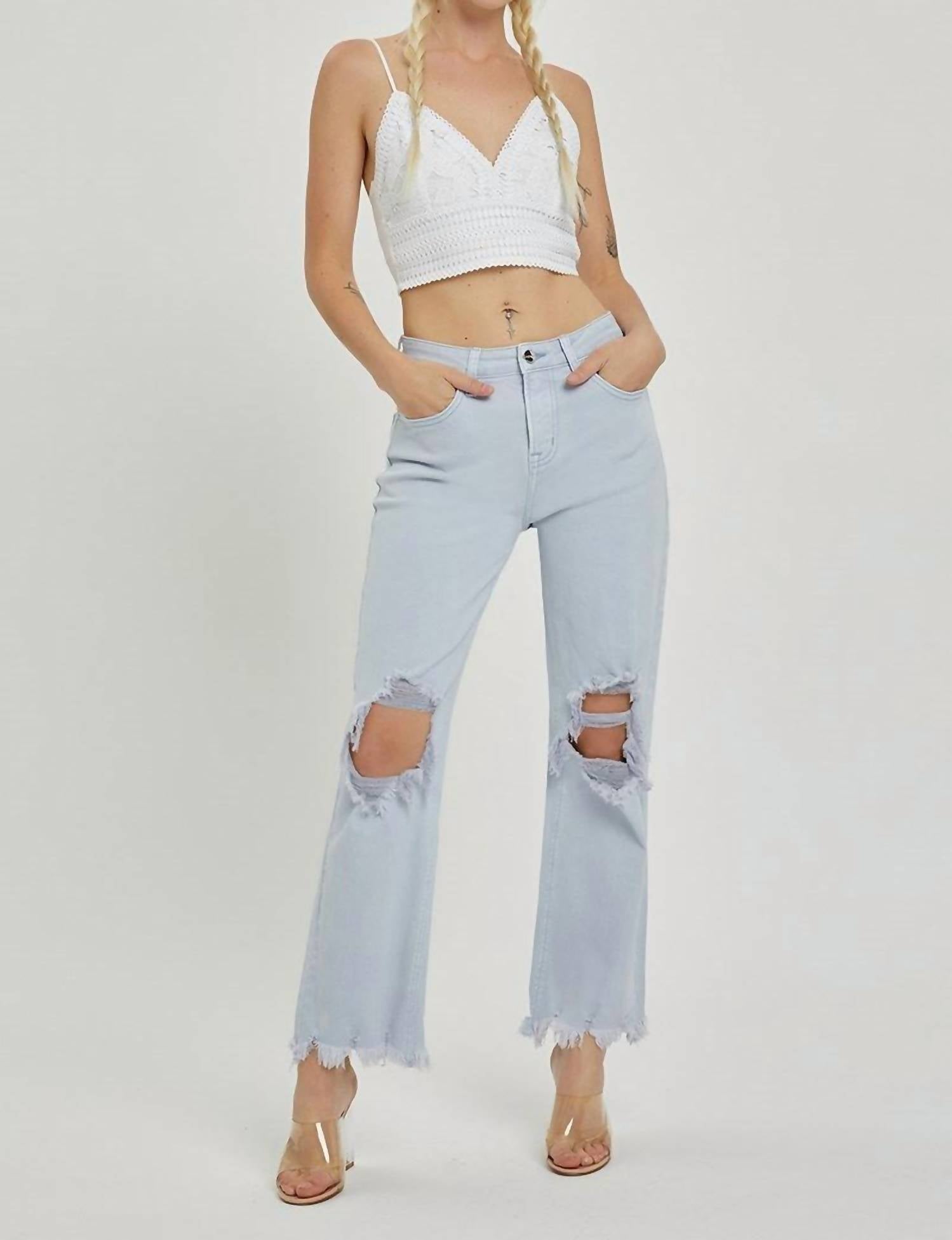 RISEN High Rise Knee Distressed Straight Pants in ice blue - women's jeans