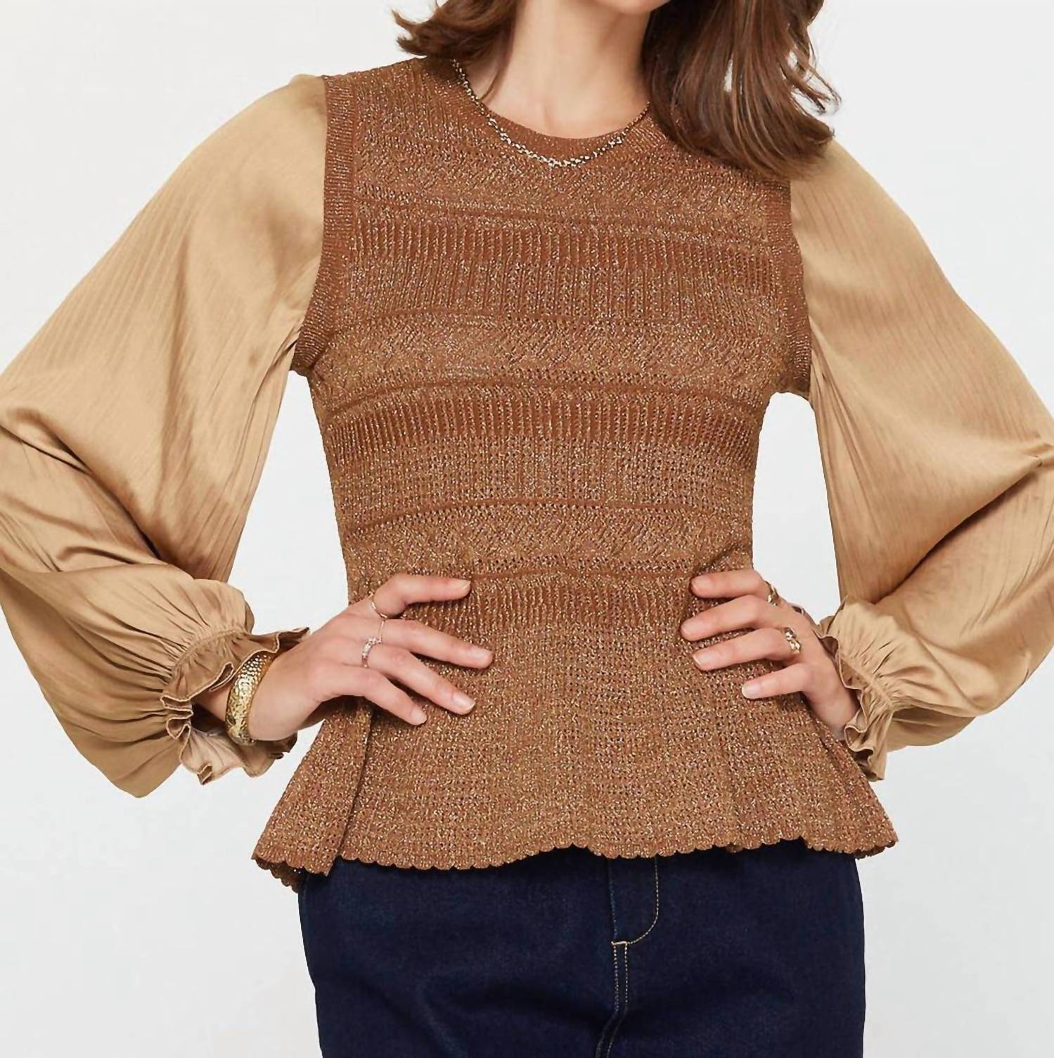 Current Air - Gathered Sleeve Knit Sweater Top