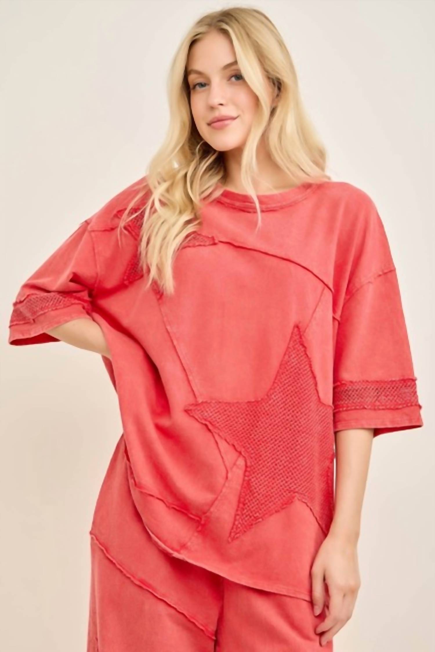 J.Her - Mineral Washed Mesh Star Patched Top