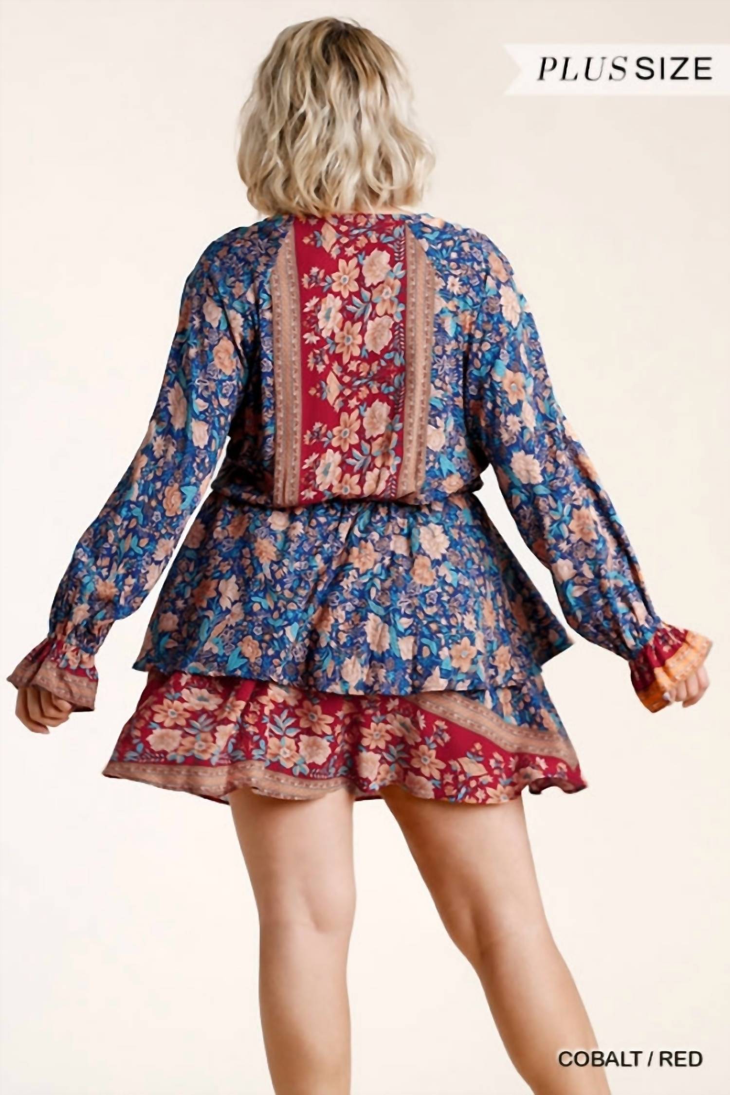 umgee Floral Border Print Layered Dress in blue - women's dress - detail view
