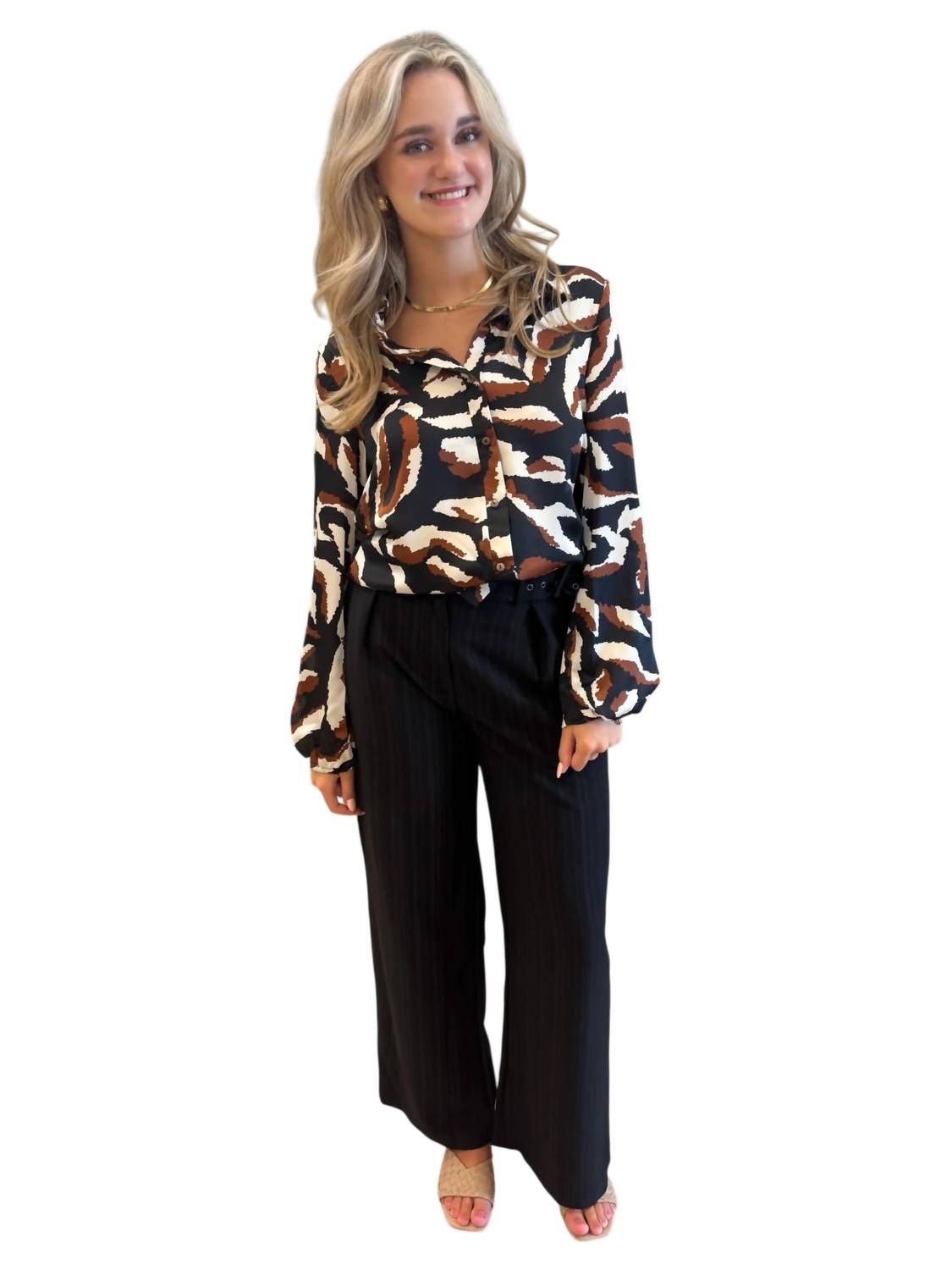 BUCKETLIST Eli Collared Button Down Top in black brown - women's shirt - alternate view