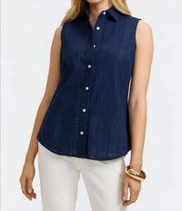 Foxcroft ADA Cotton Eyelet Sleeveless Shirt in navy - women's blouse
